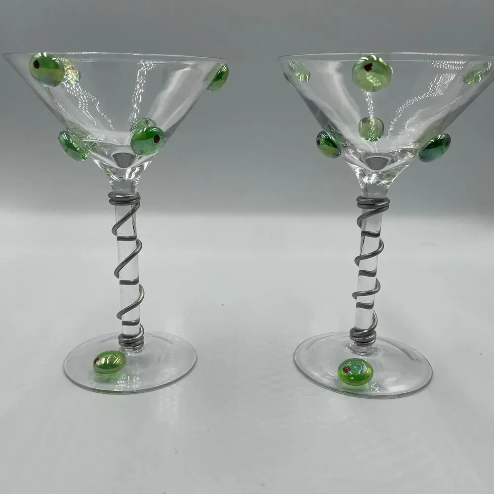 Set of 2 Wire Wrapped Martini Glasses Drinkware with Glass Olives Barware - Picture 2 of 7